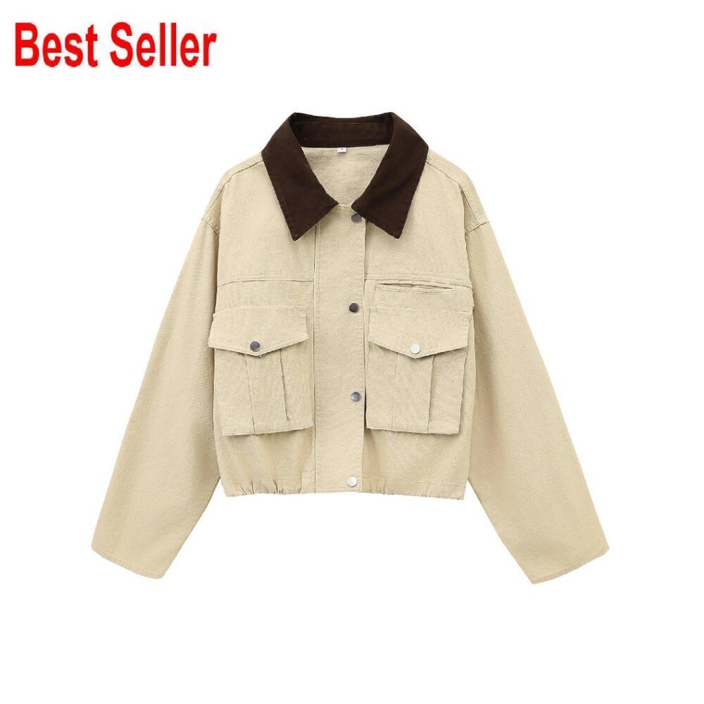 Cropped Utility Jacket Casual Chic Contrast Collar Cargo Style Oversized Fit